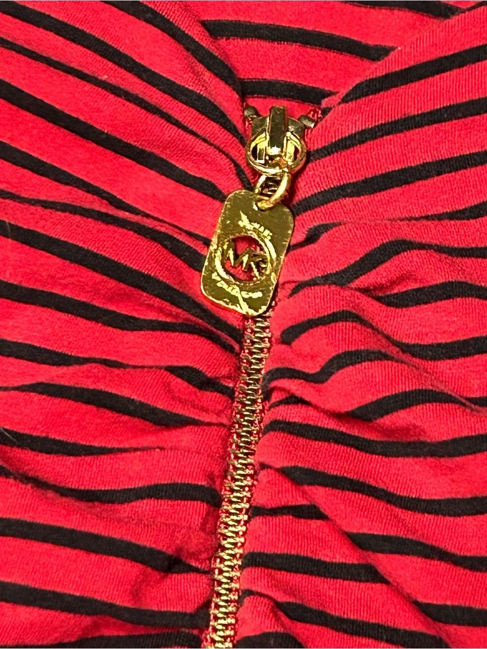 Michael Kors Red and Black Striped 3/4 Sleeve Zip Front Top